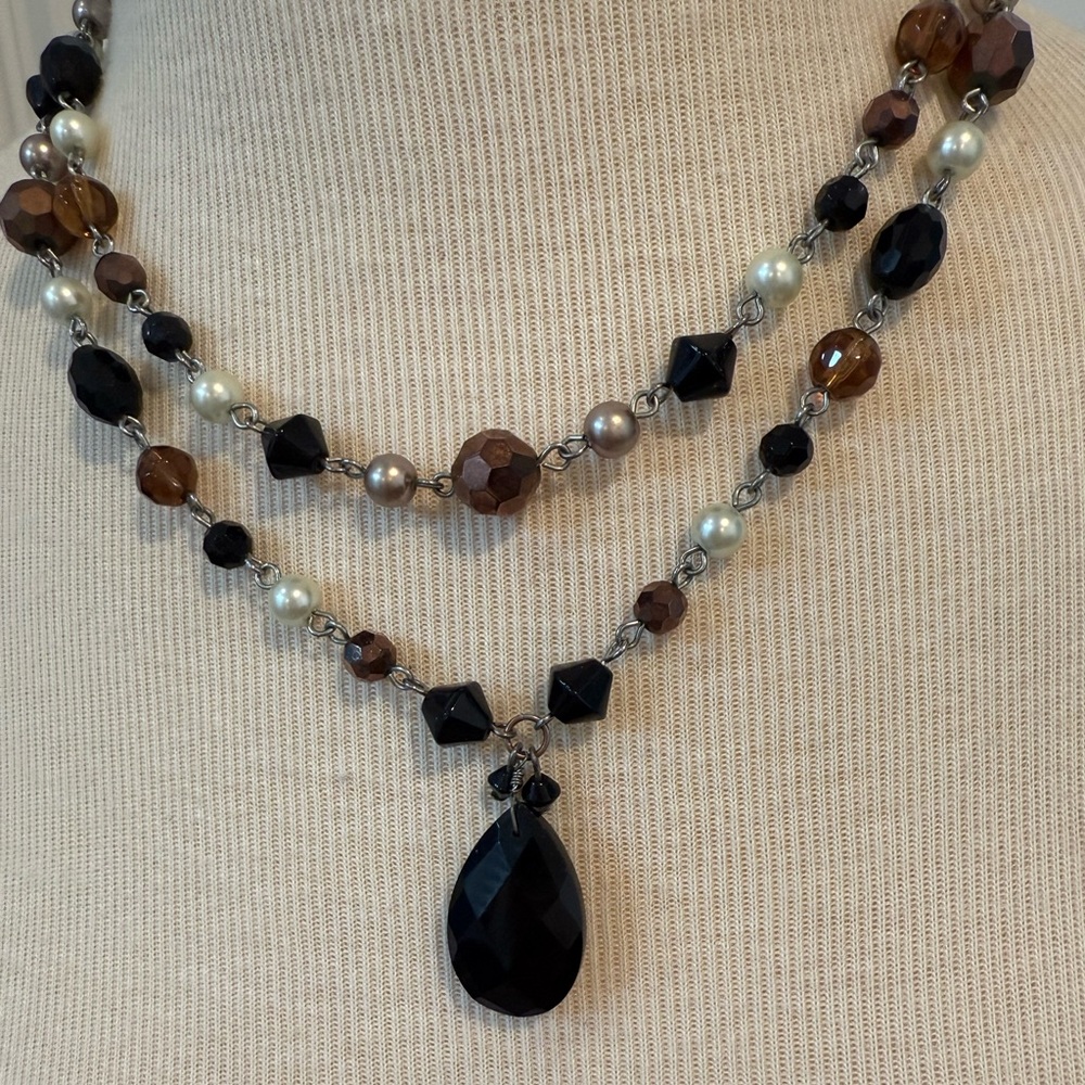 Double Layered Black and Brown Beaded Necklace with Teardrop Pendant